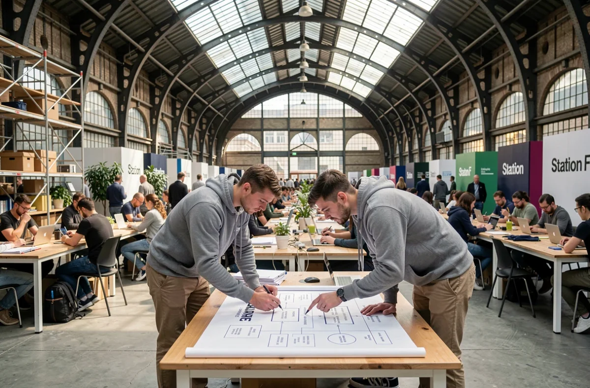 Vue d'ensemble de l'espace de travail de Station F avec des équipes de startups au travail sous la verrière de la Halle Freyssinet